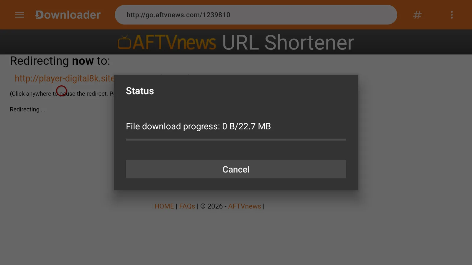 Press Go/Load. The AFTVnews page shows for a few seconds, then the download starts by itself — wait for it to finish.