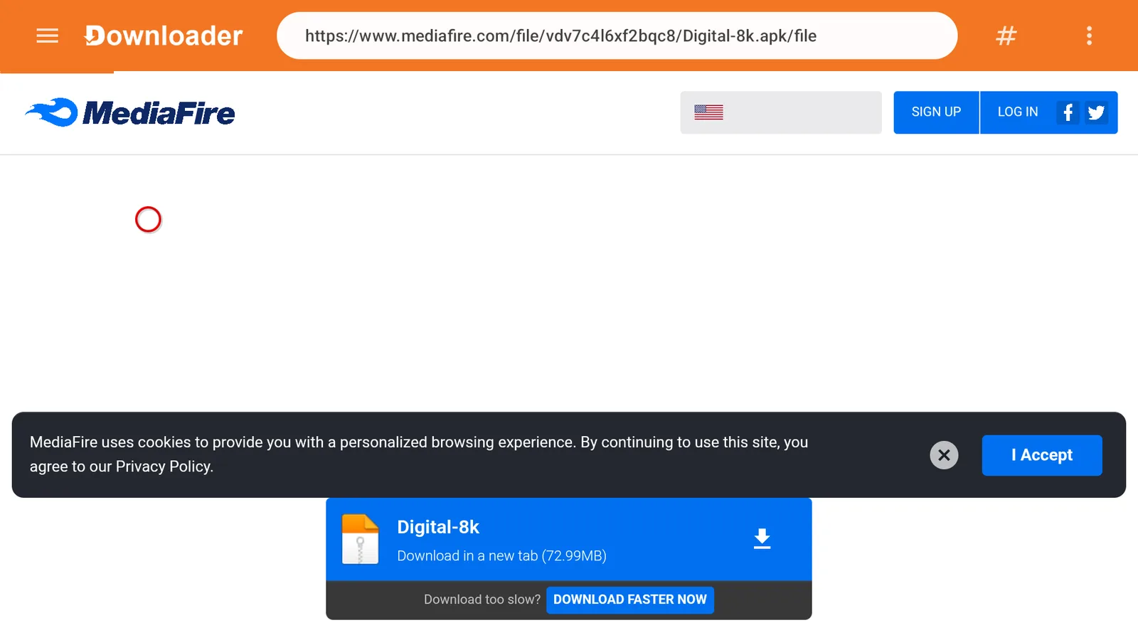 بعض الروابط تفتح صفحة موقع الملفّ (مثل MediaFire) قبل التنزيل: اضغط I Accept لإغلاق تنبيه الكوكيز، ثم الزرّ الأزرق بسهم التنزيل.