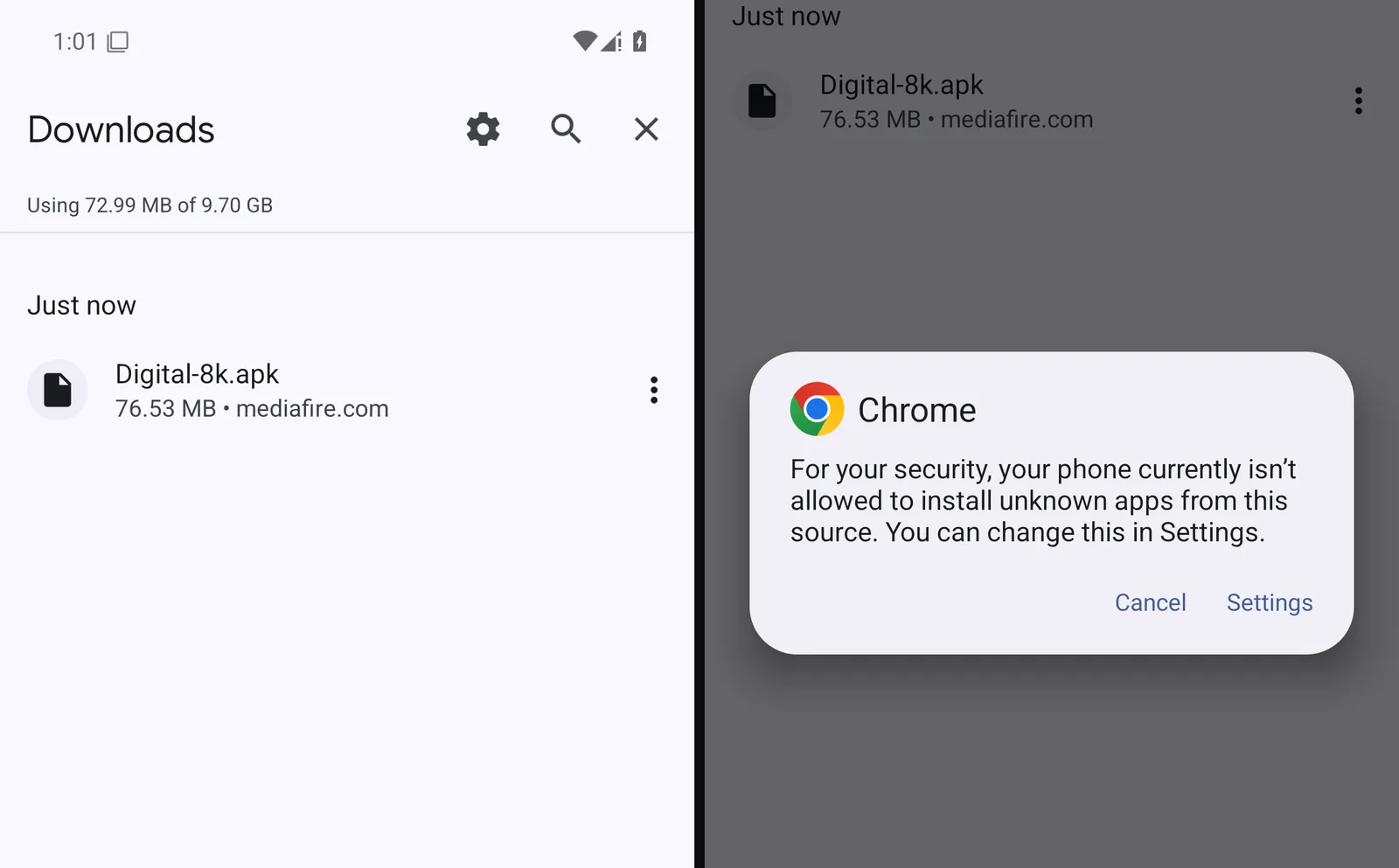 افتح الملفّ من إشعار التنزيل، أو من قائمة Chrome ⋮ ثم Downloads. إن ظهر تنبيه أن الهاتف لا يسمح بالتنصيب من هذا المصدر: اضغط Settings.